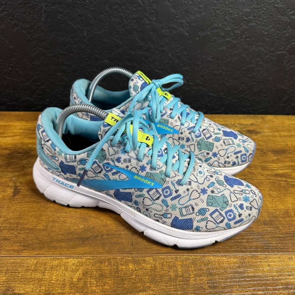 Brooks Trace Medical Print Blue Mesh Running Shoes Womens Size 9.5